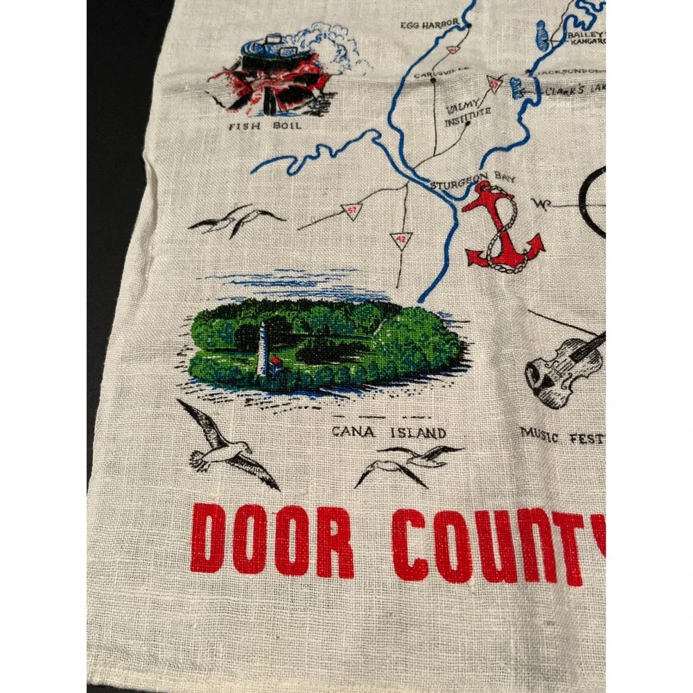 Vintage Door County Wisconsin Souvenir Map Linen Tea Towel Kitchen Decor 15x28